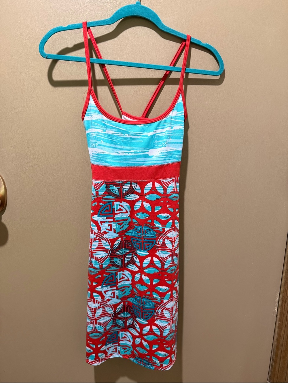 lola Women’s Athletic Dress, Red and Turquoise Strappy Criss-Cross Back Dress